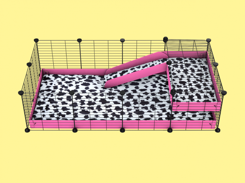 C&C cage Pink with loft, black grids, cow-print fleece liner